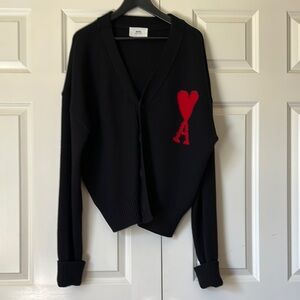 Black Cardigan Sweater with Red Heart by AMI